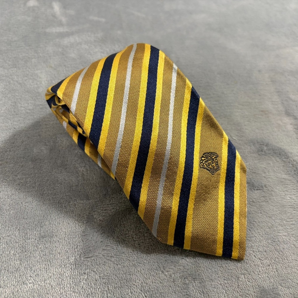 Versace Yellow Blue Mens Silk Tie Striped Italy Gold